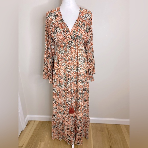 Pink Lily Floral Bohemian Maxi Dress w/ Tassels Size Small Orange Brown Cream - Picture 1 of 7